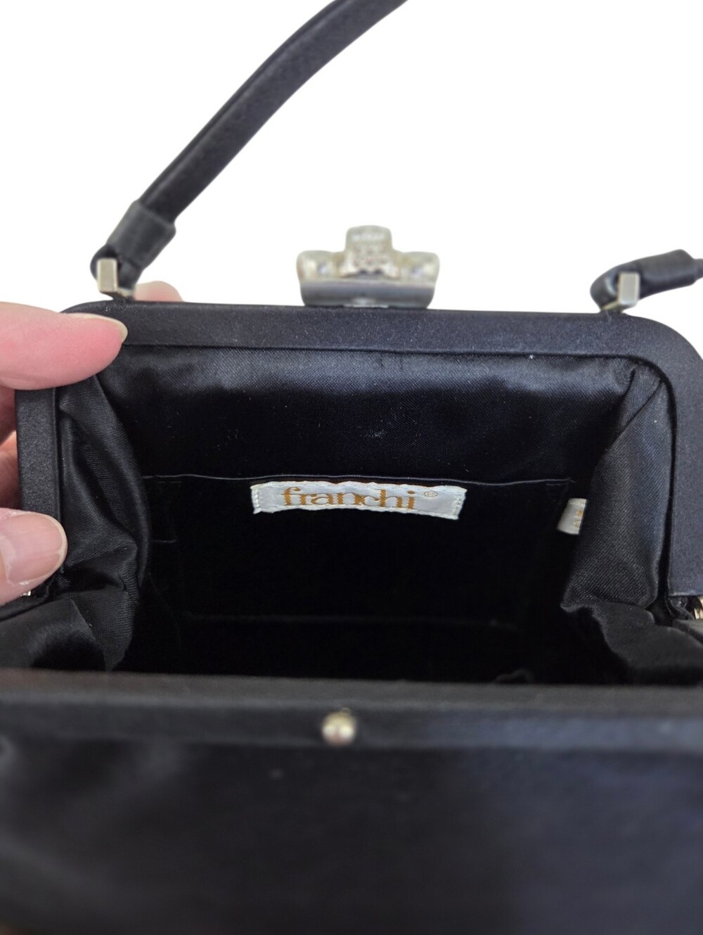 Franchi Black Satin Layered Ruffle Rhinestone Clasp Small Evening Handbag - Picture 5 of 10